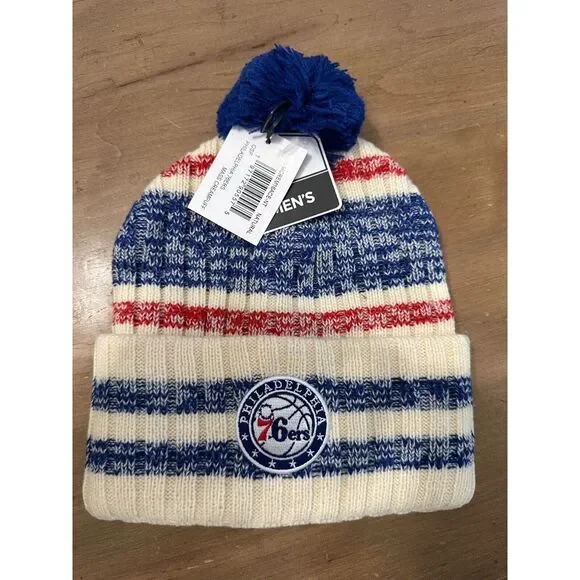 Fan Fav Philadelphia 76ers NBA Sports Knit Beanie Mens Stripe Pom Creampuff - Picture 1 of 2